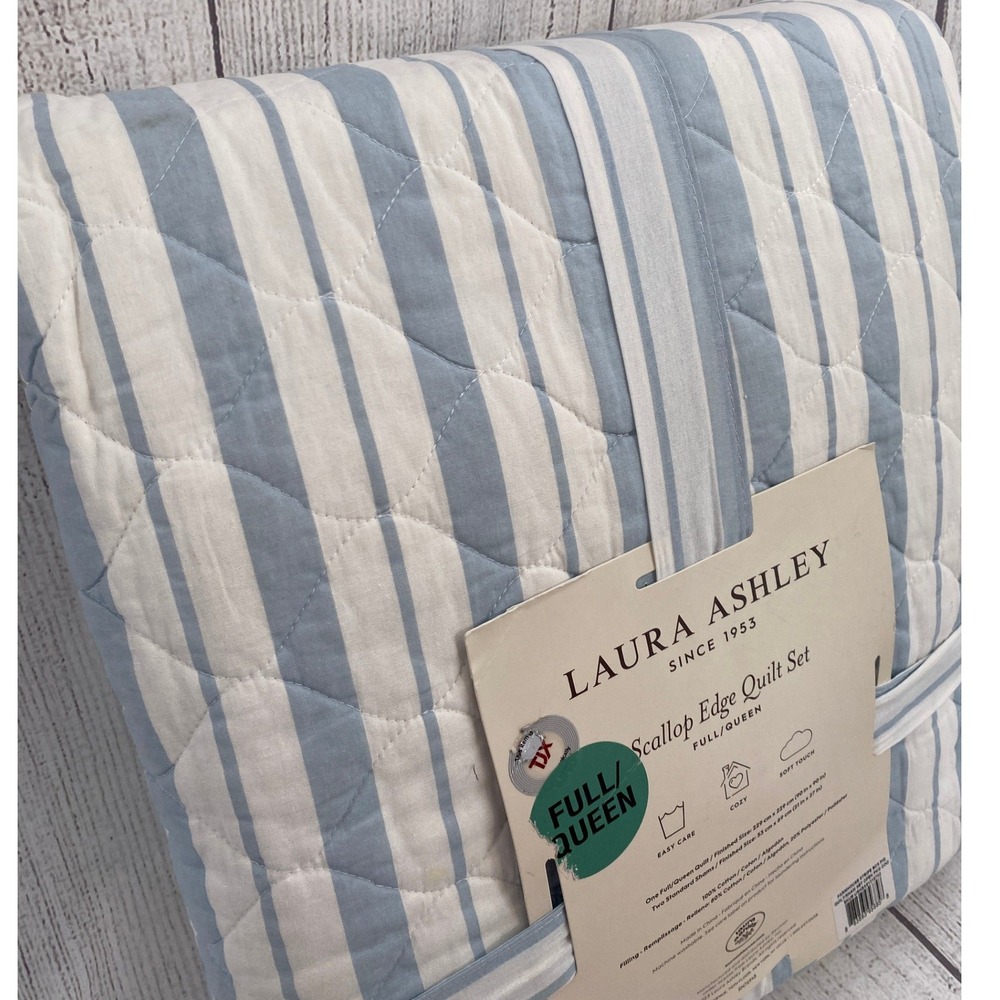 Laura Ashley Scallop Edge Quilt Set Full/Queen Blue White Striped Feminine Cozy - Picture 8 of 12